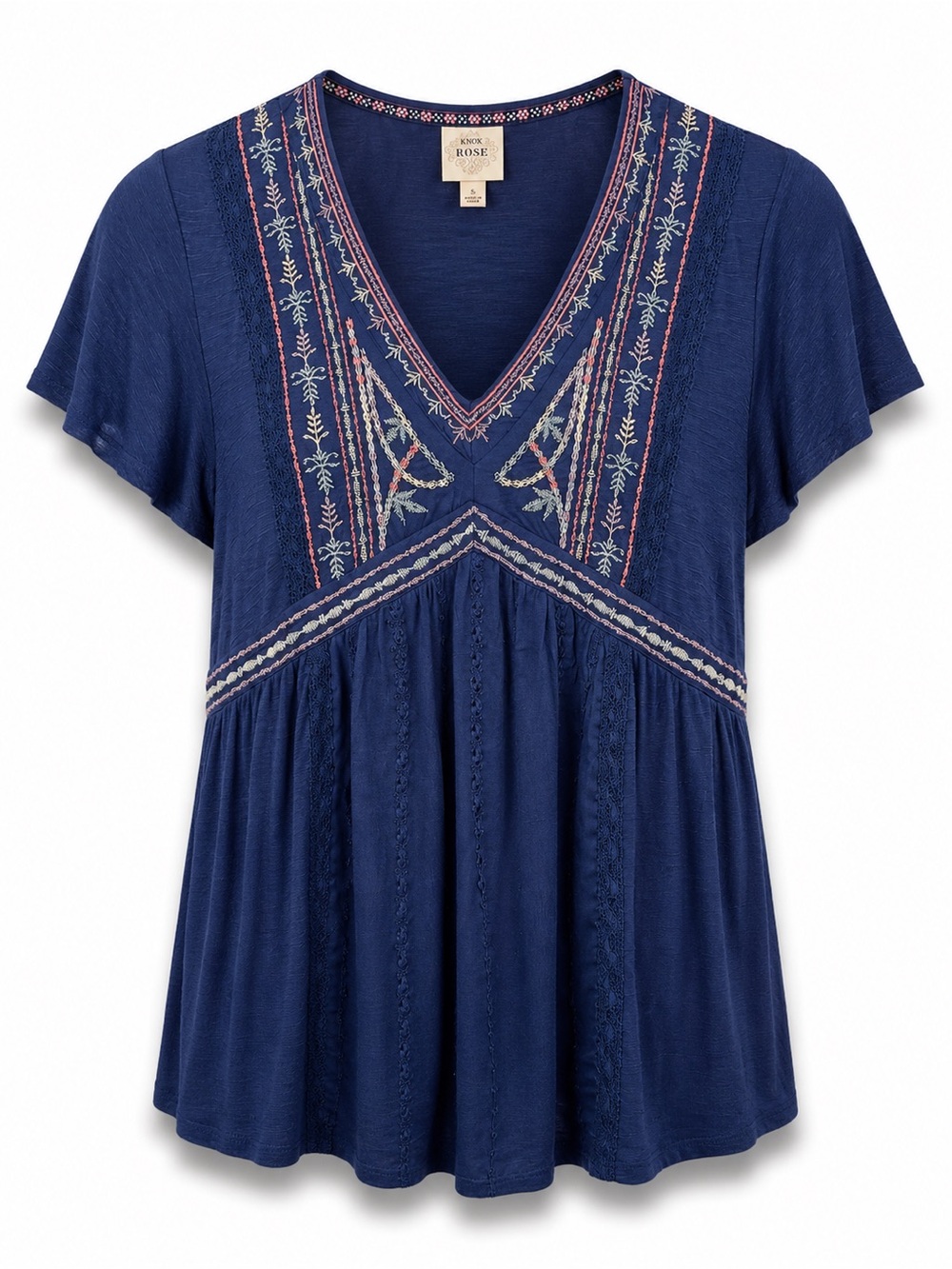 Knox Rose Embroidered Boho Tunic Top Navy Flutter Sleeve Small Peasant Cottage